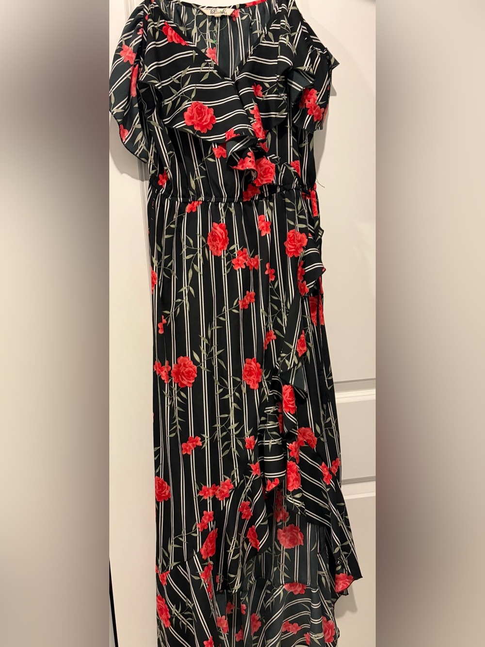 Floral Asymmetrical Wrap Dress - Black with Red Roses